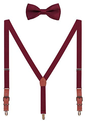 WANYING Hängslen fluga set för kvinnor män ungdomar barn småbarn pojkar flickor partnerlook Y form 3 anti-rost clips hängslen elastisk justerbar klassisk, Med fluga - Bordeaux röd, 2,5*115cm (für