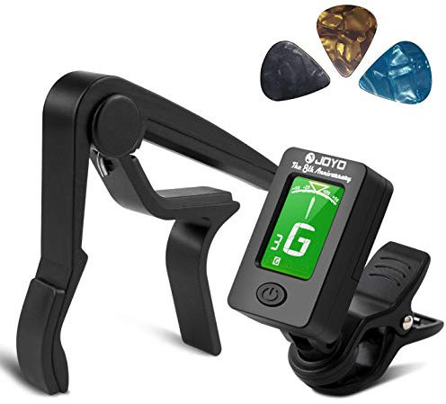 BROTOU Guitar Tuner and Guitar Capo Set, Quick-Change Capo, Clip-On Tuner, Digital Electronic Tuner, LCD Display Tuner for Acoustic Guitar, Bass, Violin Ukulele, Electric Guitar with 3 Free Picks