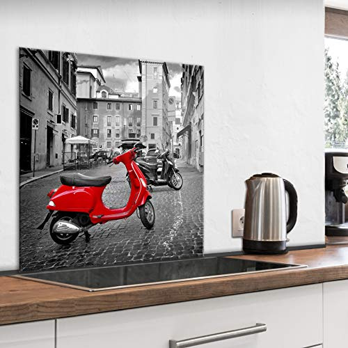 murando Glass Splashback for Kitchen Backsplash Cooker Protector Tempered Glass Decorative Wall Art Panel Heat Resistant Graphic 80x80 cm / 32x32 Scooter Vespas Vintage Italy i-B-0075-aq-a