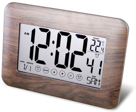 Reloj Despertador Digital radiocontrolado con Pantalla táctil - Pantalla Calendario: Fecha, Día, Hora + Temperatura - 2 Alarmas & Función Snooze