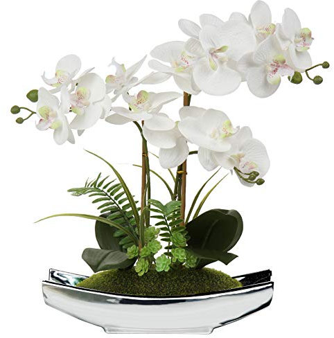 Briful Orchids Artificial Flowers 15 White Phalaenopsis Orchid with Silver Pots Real Touch Faux Orchid Plant for Home Office Living Room Table Decoration