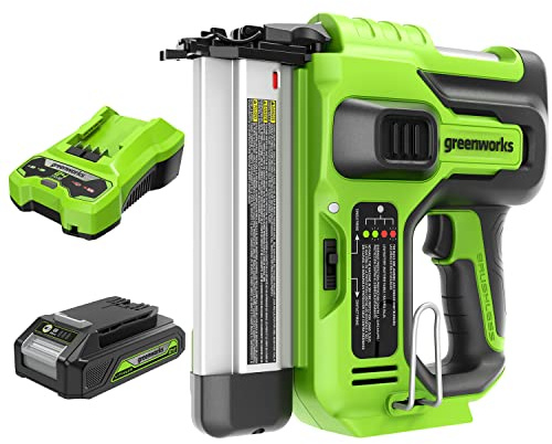 Greenworks G24BNK2 Cloueuse Electrique Sans Fil, Capacité de 110 Clous, 110pcs/min pour Clous 18GA de 20-50mm, Incl Batterie 24V Ni Chargeur, Garantie 3 Ans