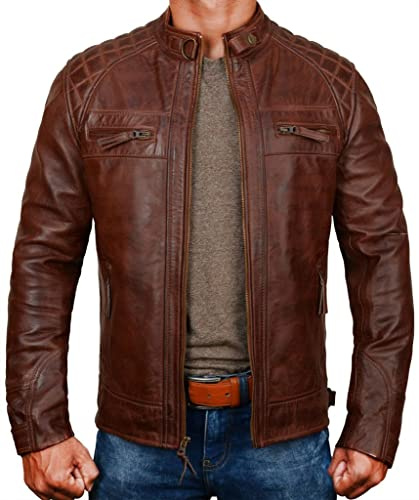 Fashion_First Cafe Racer Vintage Retro Veste de motard en cuir de vachette véritable pour homme, Marron Café Racer, L