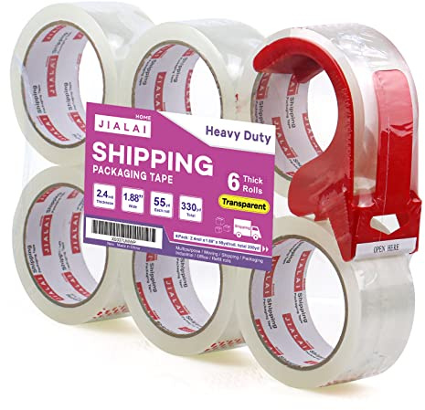 JIALAI HOME Heavy Duty Transparent Packing Tape,6 Rolls with Refillable Dispenser,Industrial Grade Packaging Tape for Shipping Moving Sealing,1.88 inches x 55 Yards Per Roll