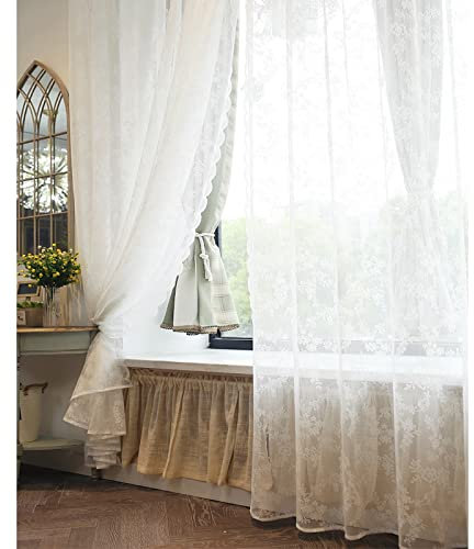 V3VOGUE Weiß Spitze Gardinen Landhausstil Voile Vorhänge Für Fenster丨Küchen Gardine Mit Vorhang Raffhalter丨1 Stück, 75x150 270x270cm丨Lichtfilterung Sichtschutz Gardinenschals Für Wohnzimmer