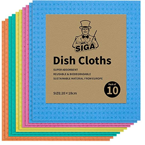 MR.SIGA Reusable Dish Cloths, Cellulose Sponge Cloth for Kitchen, Absorbent Cleaning Cloth, 10 Pack, Multi Colors
