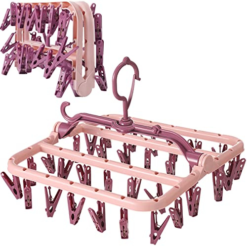 Foshine Clothes Drying Racks Foldable Clip Hangers Plastic with 32 Drying Clips Wind-Proof Hook Underwear Hanger for Socks Bras (Pink)