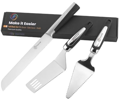 Pie Server Spatula and Cake Cutter Slicer, Stainless Steel Set - Kitchen Essentials for Cutting & Serving Desserts, Brownies, Lasagna (Black, 13 inches)