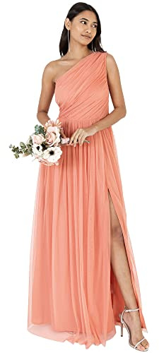 Anaya with Love Damen Womens Ladies Maxi One Cold Shoulder Dress with Slit Split Sleeveless Prom Wedding Guest Bridesmaid Ball Evening Gown Kleid, Coral Pink, 38 EU
