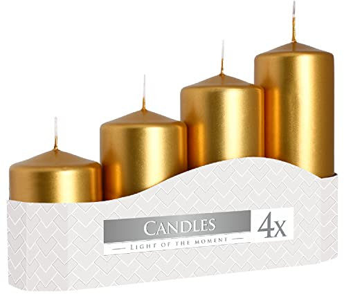 Stumpenkerzen 4er Set | Blockkerzen Gold | Durchmesser 4,8 cm | Höhe 7, 9, 11, 13 cm | 1 Box