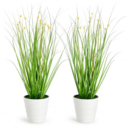 Flair Flower Konstgjord gräsbuske i kruka med blommor, risgräs-bunt, konstgjord växt, dekorativt gräs, växt, dekoration, vårdekoration 30 cm, set om 2