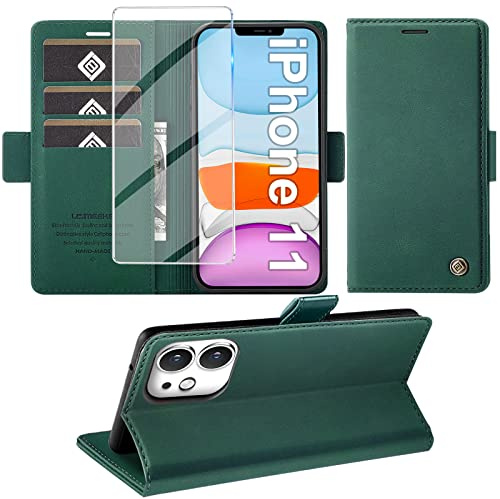 Giyer Handyhülle für iPhone 11 Hülle mit Schutzfolie, Standfunktion Kartenfach Wallet Premium Leder Schutzhülle für iPhone 11 5G 6.1 Zoll Flip Case Cover Stoßfeste Klapphülle (Grün)