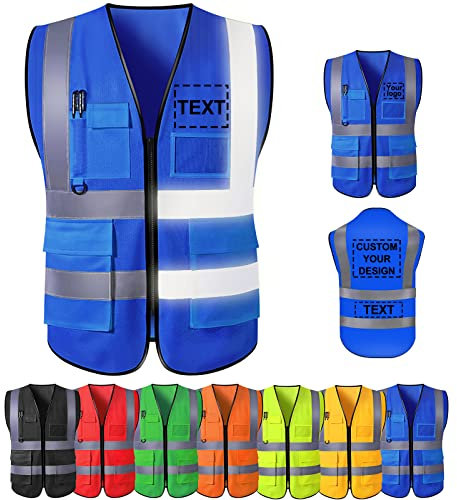 Busparst Gilet de SéCurité Personnalisé Avec Poches, Gilet de SéCurité RéFléChissant Haute Visibilité de Classe 2, Poches et Fermeture éClair, VêTements de Travail de Protection ExtéRieurs