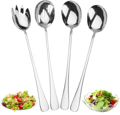 4 Stück Salatbesteck Edelstahl Vorlegebesteck, 28*5.5cm Servierlöffel Edelstahl Salatgabel und ServierlöFfel,Salatbesteck Set,Vorlegelöffel für Dessert Nudelgeschirr,für Familiencamping und Picknick