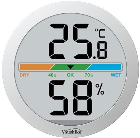 Youshiko Digital Thermo-Hygrometer, Indoor Weather Thermometer Hygrometer Gauge, Monitor Temperature and Humidity Meter for Home Office, Min/Max Records (Silver)