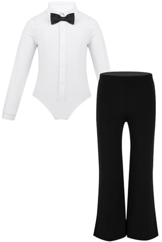 inlzdz Completo da Ballo Bambino Bambina Body Elegante Slim Fit Manica Lunga Camicie Pantaloncini Valzer Tango Cravatta Abbigliamento Danza Classica Latino Samba Rumba Bianco 10 Anni