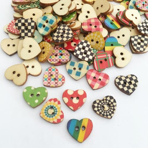 AKOAK Herzförmige Holzknöpfe, 2 Löcher, farbig bedruckt, gemischte herzförmige Knöpfe, herzbemalt, kariert, Kleidungsknöpfe für DIY Nähen und Holzhandwerk, Bekleidungszubehör, 100 Stück