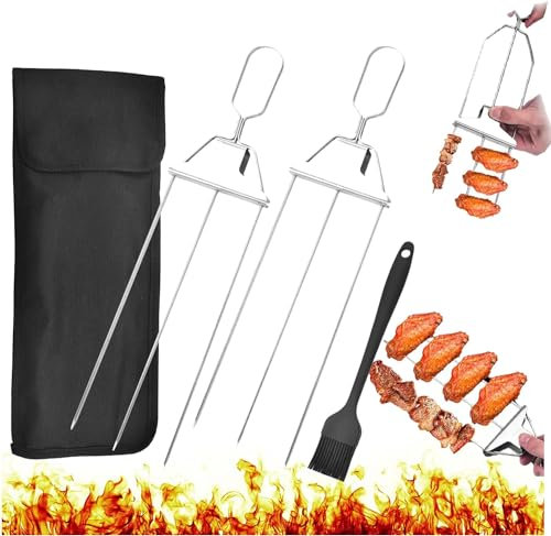 GeRRiT Gelmalls 3-Wege-Grillspieße, Wiederverwendbare 3-Wege-Grillspieße aus Metall, 14,7-Zoll-Grillspieße aus Edelstahl mit Schieber, Oxford-Beutel und Grillbürste