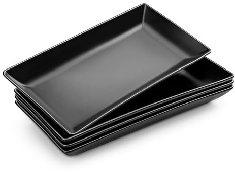 MALACASA Steinzeug-Servierplatte, 4-teiliges Serviertablett-Set, 30,5 x 15,3 x 3,6 cm Rechteckige Große Servierplatte für Buffets, Sushi, Kuchen, Vorspeisen zu Hause/im Restaurant, Mattschwarz