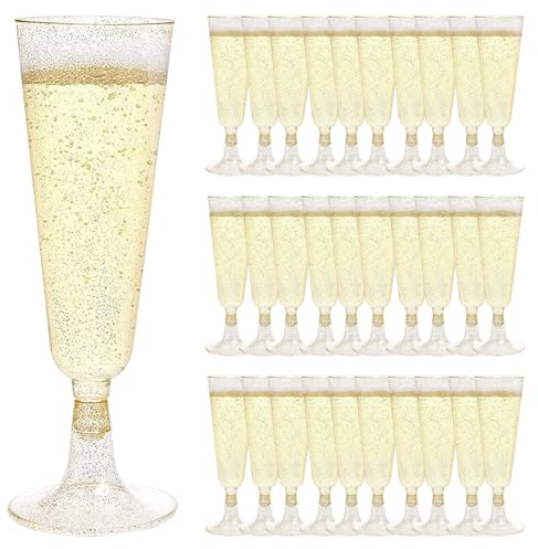 Sektgläser Plastik, 30 Stück Sektglas, 150 ML Sektgläser Cocktailgläser | Mehrweg Plastik Sektkelch Mit Gold Glitzer für Geburtstag Hochzeit Party Picknicks