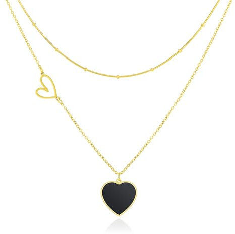 Linawe Chaîne Noire Pour Femme, Collier Pendentif En Forme De Cœur, Pendentif En Or, Chaîne Dorée Avec Cœur, Bijoux En Acier Inoxydable, À Superposer