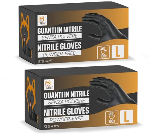 AKITAInk Guanti in Nitrile Neri senza polvere, senza lattice - Ipoallergenici, Resistenti, Ideali per Ambiti Medici e Alimentari per Estetisti, Tatuatori, Ambiti Medici, guanti per alimenti (200, L)