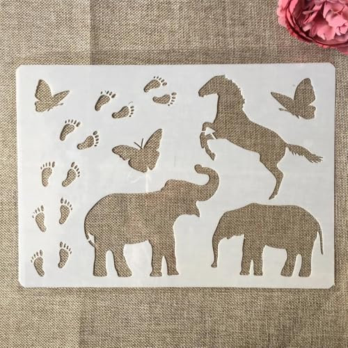 Wiederverwendbare Schablonen, A4, 29 cm, Tiere, Elefant, Pferd, Fußabdruck, Schablonen zum Malen, Bastelschablonen, Schablonen zum Malen auf Holz, Wandkunst, Heimdekoration