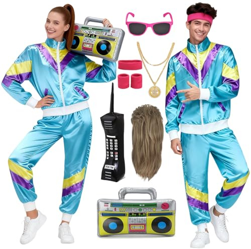 Mrsclaus 80er Jahre Outfit Herren Damen 90er Jahre Jogginganzug Disco Retro Trainingsanzug Herren Kostüm Erwachsene Karneval Fasnacht Gruppen Partnerkostüme Set