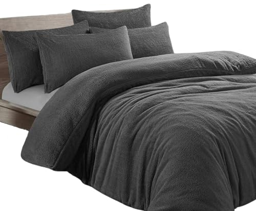 Dolce Vari Teddy Bear Fleece Bedding Set Soft Warm & Cosy Luxury Duvet Cover Set with Pillowcases Quilt Cover Sets Reversible Duvet Sets (Charcoal, Double Duvet Set)
