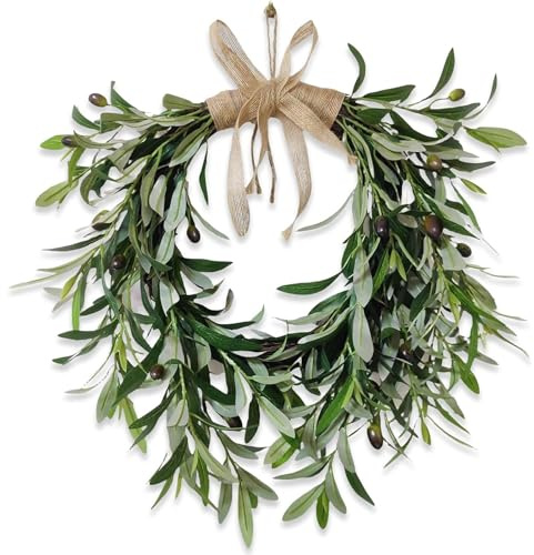 22 Heart Shaped Artificial Olive Leaf & Fruit Wreath - Realistic Green Olive Branches with Spring Floral Accents, Farmhouse Wall Door Wedding Arch Window Hanging for Indoor Outdoor Garden Decor (1)