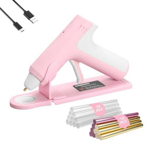 DOMINOX Pistola de Pegamento Caliente Inalámbrica con 30 Barras de Silicona, Calentamiento Rápido de 25S, Batería Recargable 2000mAh Type-C, Apagado inteligente, para Arte, Artesanía, DIY, Rosa