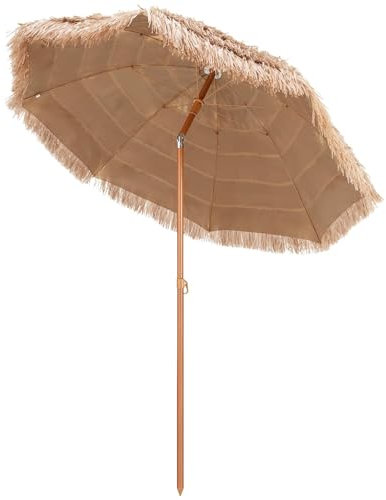 KOMFOTTEU Sombrilla hawaiana de paja PP Ø208 cm, inclinable 30°, protección solar, 8 varillas, rafia, jardín, terraza, balcón, natural