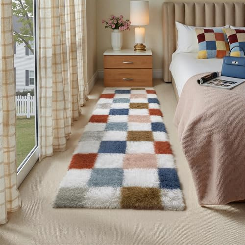 HUGEAR Kariert Flauschig Läufer Flur Teppich 60x180 Teppiche Multicolore Weiß Shaggy rutschfest Kinderzimmer Mädchen Junge Carpet Bettvorleger Schlafzimmer Hochflor Weich Langer Carpets