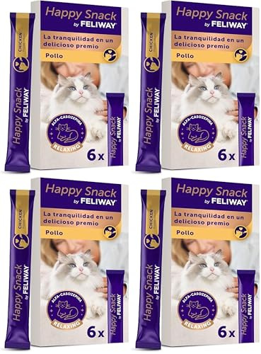 Happy Snack by FELIWAY - Premio Cremoso para Gatos - Ayuda a Calmar a los Gatos - con Alfa-Casozepina - Sabor a Pollo - Sin Gluten, Sin Azúcares, Sin Conservantes - 6 Sobres (Paquete de 4)