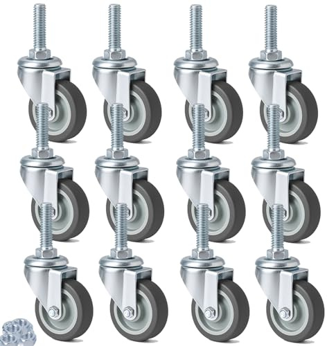 RRIUTO 50mm Castor Wheels with M10x30mm Screw Stem, 12 Pcs Heavy Duty Swivel Castor Wheels, Threaded Stem Casters TPR Transport Castors Maximum Load 50 KG per Wheel