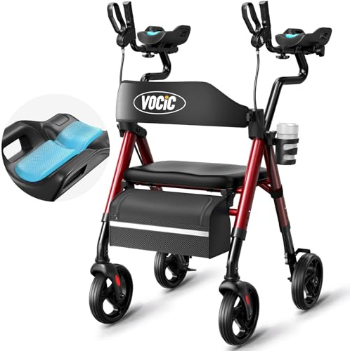 VOCIC Walkers for Seniors, Upright Walker with Adjustable Armrests, Z22 GelCool Stand Up Walker with Ergo Seat & Backrest, 8 All Terrain Rollator with 300lb,Cup& Cane Holder