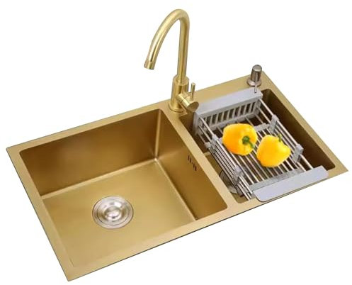 Évier De Cuisine Double Bac En Acier Inoxydable Doré Avec Robinet – Évier Pour Légumes Pour Maison, Appartement, Hôtel Et Restaurant, Avec Siphon Intégré(78 * 43 * 22cm)