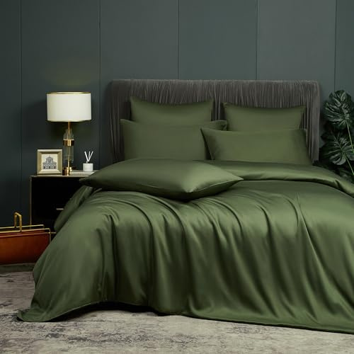 Luowei Kühlender Bettwäsche 155 x 220 cm Bambus Dunkelgrün Sommer Atmungsaktiv Bettwäsche Set aus Bambus Polyester,Weich Oeko-TEX Bettbezüge mit Reißverschluss und 2 Bettbezüge 80x80cm