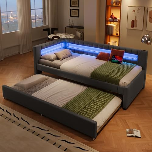 Soweiz Schlafsofa, Polsterbett, Bett mit LED-Fernbedienungslichtleiste am Bettende, Bett mit Ausziehbett ohne Matratze, USB + Type-C, Leinen (Grau, 90x200cm)