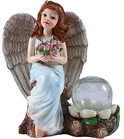 HOMSFOU Statue D'ange Solaire En Résine, Décoration De Jardin Extérieure Avec Globe Lumineux, Lampe Solaire Étanche Pour Pelouse Patio, Sculpture D'ange Solide Pour Éclairage Nocturne