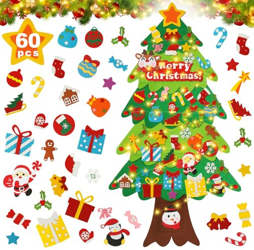 Árbol de Navidad de Fieltro 4.5Ft 136CM, DIY Arbol Navidad del Fieltro con 60 Pcs Adornos de Decoración para Niños Regalo Navidad Decoración De La Pared Puerta del Hogar