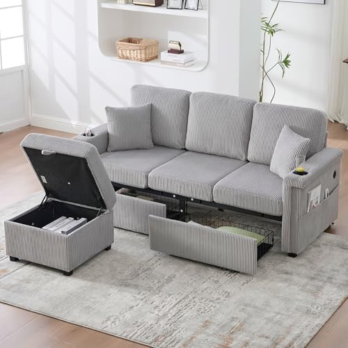 Lubvtti Sofá de 3 plazas con iluminación LED y puerto USB-C, reposapiés con contenedor, 2 cajones, prácticos portavasos y bolsillos laterales, sofá de esquina en L, terciopelo acostado (B-Gris claro)
