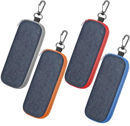 lomdung 4 pezzi Custodia per Occhiali, Custodia Rigida per Occhiali in Tessuto Denim Portatile, Custodias Rigida per Occhialis con Cerniera e Gancio