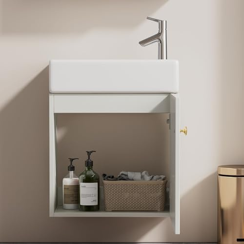 Crlnaup Mueble de baño con armario bajo lavabo de 46 cm, mueble para lavabo colgante, pequeño mueble de baño para invitados