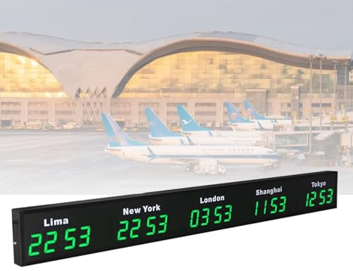 Hydravex Orologio con fusi orari mondiali, Orologio Digitale a LED con più fusi orari, Grande Orologio da Parete con Fuso orario Mondiale per 3/4/5 Città, per Hotel/aziende/aeroporti Green-5City