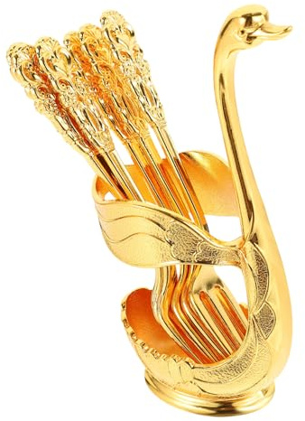 Metal Swan Dessert Fork Set with Holder Golden Alloy | Cake Service Pieces, 7 Pcs, Creative Simple Styling, Practical Use for Dining Tables and Fruit Servings