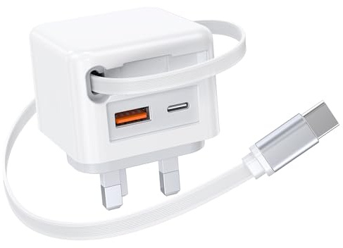 Upgraded 40W USB C Charger Block with Retractable Type C Cable,3-in-1 Fast USB C Wall Plug,Portable Multiport PD3.0 Power Adapter for iPhone 17/16/15/14/13/12 Pro Max Series,iPad,Tablet,Galaxy