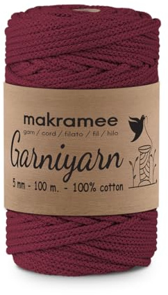 GARNIYARN Makramee Garn 5mm 100m geflochten, 100% Baumwolle, Burgundy | OEKO-TEX, formstabile Baumwollkordel für Körbe, Taschen, Pflanzenhänger, Wanddeko, Häkeln, Stricken und Weben