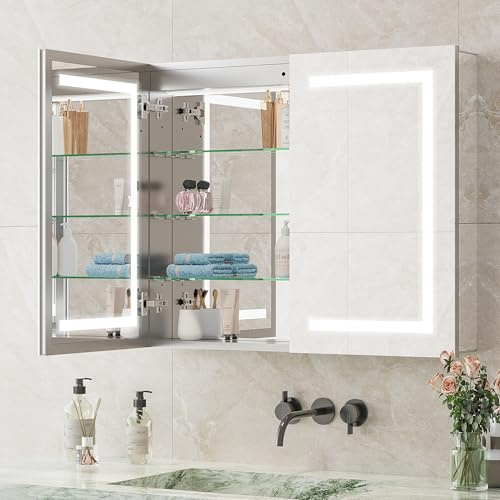 Spiegelschrank Bad 100% Vormontiert 80x60cm mit LED & Antibeschlag, Doppeltüriger Badezimmerschrank mit Steckdose & USB, Höhenverstellbare Glasböden – Alu Spiegelschrank für Wandmontage & Einbau