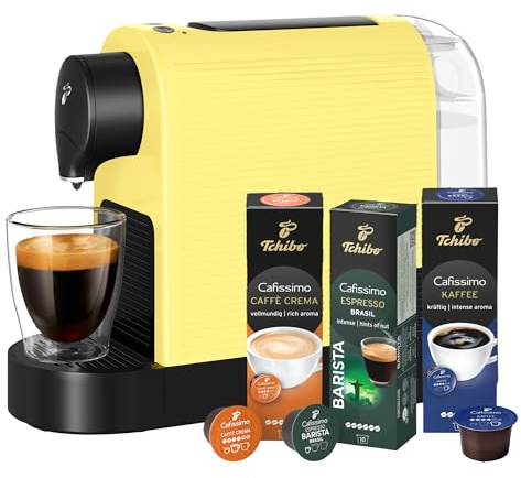 Tchibo Cafissimo „Pure plus“ Kaffeemaschine Kapselmaschine inkl. 30 Kapseln für Caffè Crema, Espresso und Kaffee | 0,8l | 1250 Watt | 11,9 x 33,7 x 24 cm | Limited Edition Lemon Splash